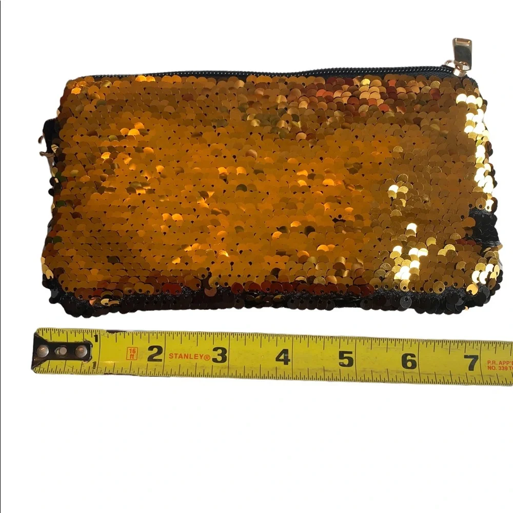 Black and Gold Sequined Mini Cosmetic Wristlet Bag